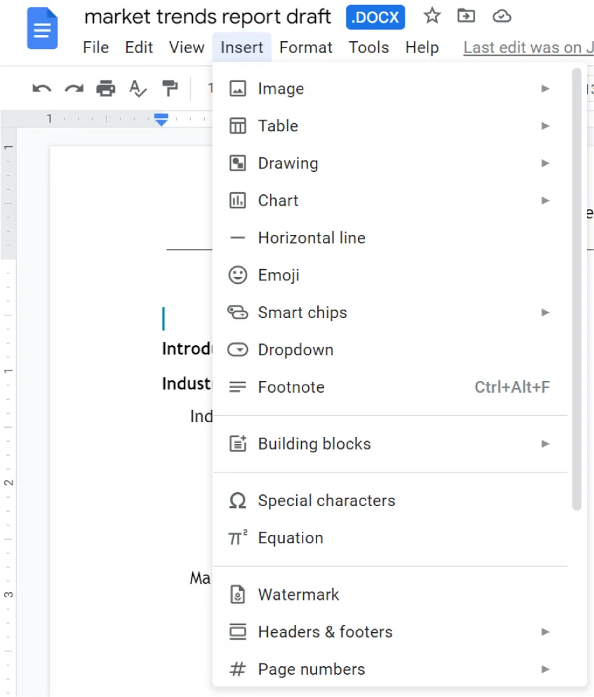 Google Doc is open. Insert tab is selected with options: Image, Table, Drawing, Chart, Horizontal line, Emoji, Smart chips, Dropdown, Footnote, Building blocks, Special characters, Equation, Watermark, Headers & footers, Page numbers.