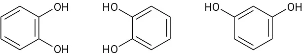 Three benzene rings with two O H group as substituents at different rings is shown.