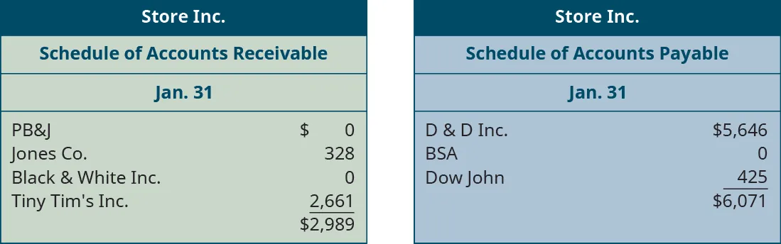 Store Inc. Schedule of Accounts Receivable, January 31. PB&J: 0. Jones Co.: 328. Black & White Inc.: 0. Tiny Tim’s Inc.: 2,661. Total: 2,989. Store Inc. Schedule of Accounts Payable, January 31. D & D Inc: 5,646. BSA: 0.Dow John: 425. Total: 6,071.