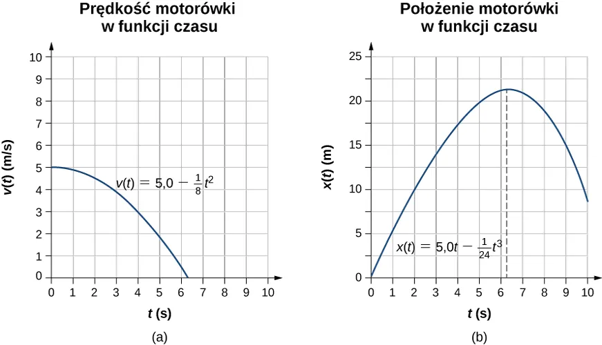 Rysunek A pokazuje wykres prędkości w metrach na sekundę od czasu w sekundach. Prędkość maleje do zera od wartości 5 metrów na sekundę w czasie 0 sekund, zgodnie z równaniem podanym na wykresie. Rysunek B to wykres położenia w metrach od czasu w sekundach. Położenie jest zerowe w punkcie zero i rośnie do wartości maksymalnej między piątą a szóstą sekundą, po czym maleje.