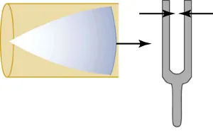 The disturbance is at maximum displacement as it reaches the opening of the tube.