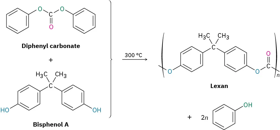 Diphenyl carbonate reacts with bisphenol A at 300 degree Celsius to give Lexan and two n moles of phenol. Lexan's structure is inside parentheses with n as the subscript.