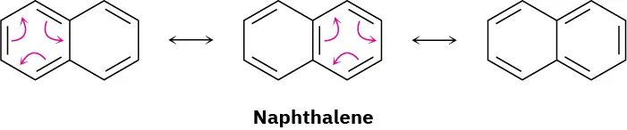 Three resonance structures of naphthalene, separated by double-headed arrows. Arrows depict the movement of electrons in the first and second structures.