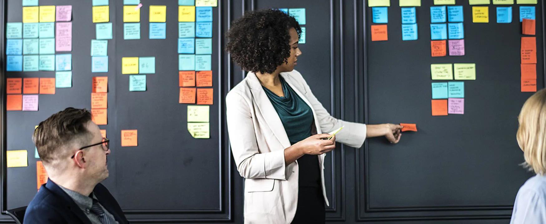 A picture of a person standing in front of a wall. She is gesturing to many multi-colored sticky notes with text on them. Several other people are seated at a table looking at her.