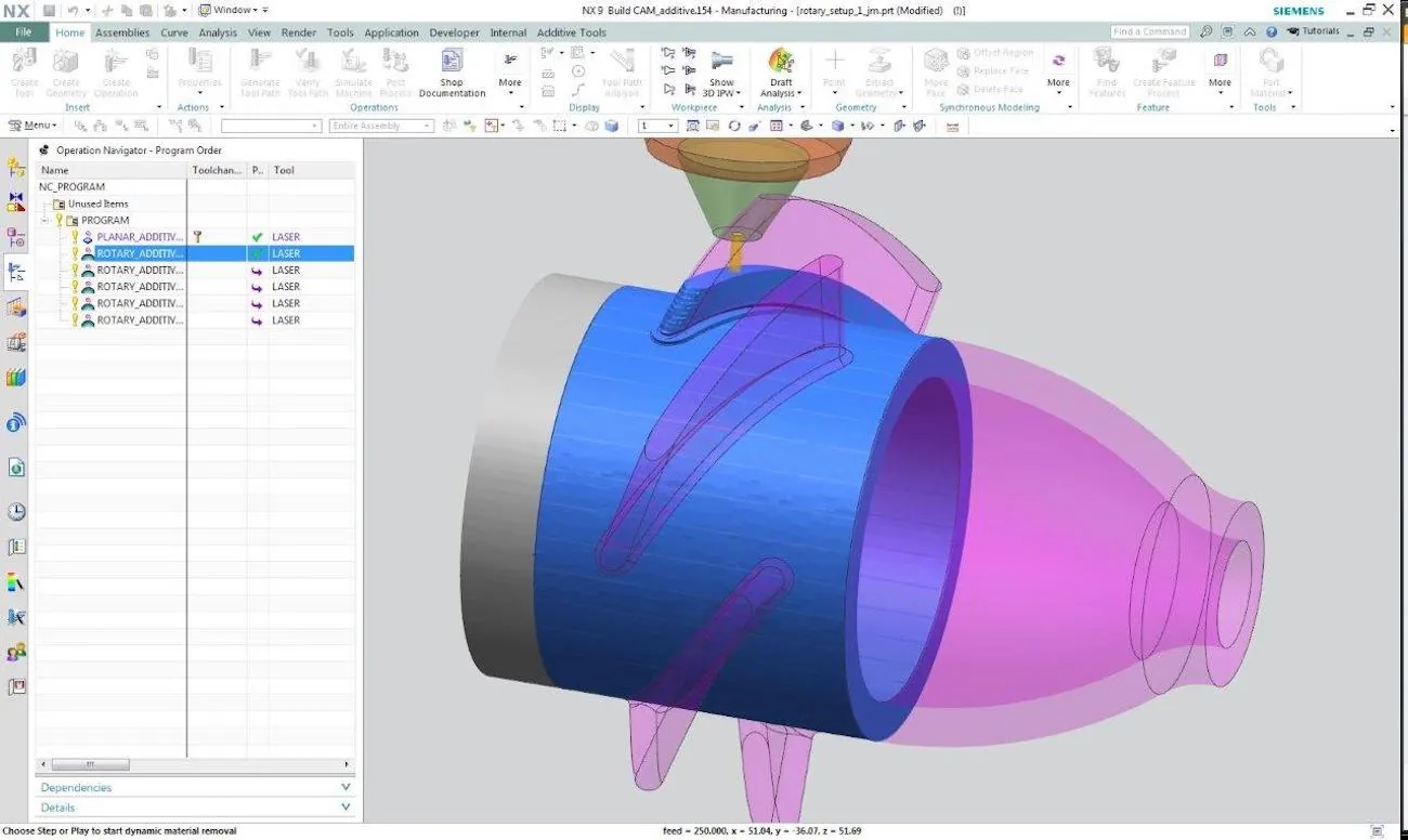 A software screen displays a complex part in the shape of a cylinder with external propeller or impellor fins. At one end of the cylinder an additional part tapers to a narrow opening, giving the appearance of a nozzle. Different components of the object have different colors and levels of transparency. A 3D printing head is visible near the top of the part. 