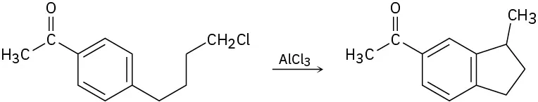 Benzene bonded to acetyl group at C 1 and a 4-carbon chain with terminal carbon bonded to chlorine reacts with aluminum chloride to form a product.where the 4-carbon chain is cyclized on to the benzene ring