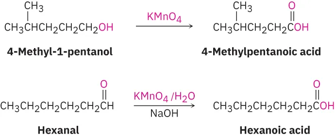 Oxidation reactions of 4-methyl-1-pentanol to 4-methylpentanoic acid via potassium permanganate, and hexanal to hexanoic acid via potassium permanganate with water and sodium hydroxide.