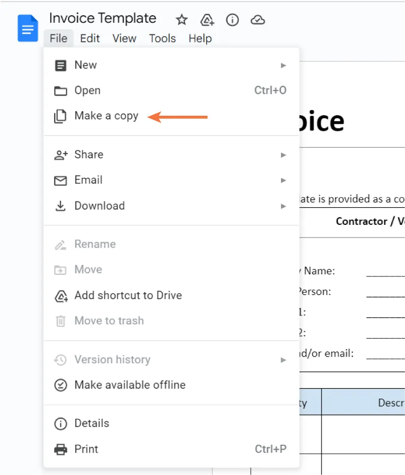 File tab opens to options New, Open, Make a copy (selected), Share, Email, Download, Rename, Move, Add shortcut to Drive, Move to trash, Version history, Make available offline, Details, and Print.