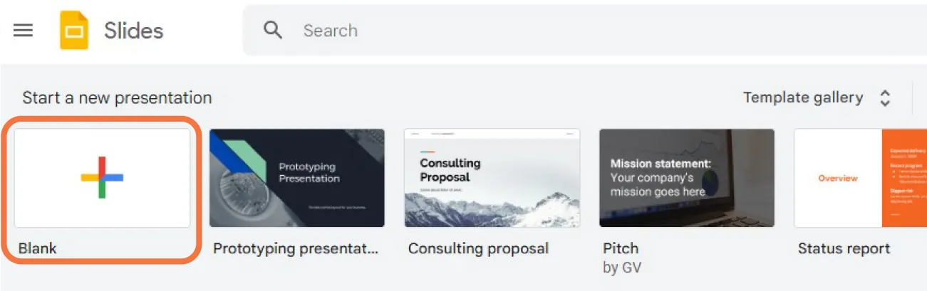 Screenshot of a Start a new presentation window Template gallery with options for Blank as well as other types of presentations, such as Prototyping, Consulting, Pitch, and Status report.