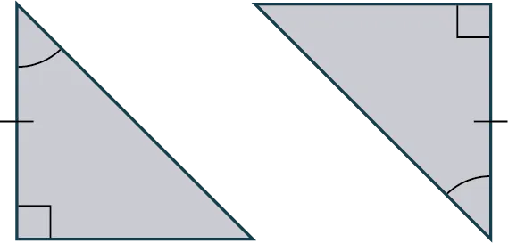 Two right triangles. The vertical legs in both triangles are of equal length. One of the angles in the first triangle is congruent with an angle in the second triangle.