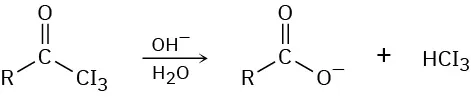 A triiodomethyl ketone is converted to a carbozylate ion by treatment with base and then acid. Triiodomethane is a byproduct.