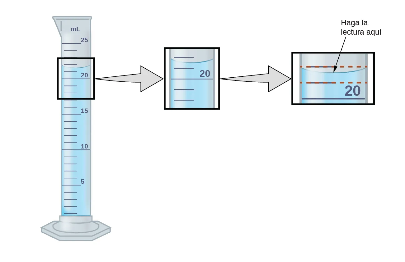 Este diagrama muestra una probeta graduada de 25 mililitros llena de unos 20,8 mililitros de líquido. El diagrama amplía el menisco, que es la superficie curva del agua que se ve cuando la probeta graduada se ve de lado. La lectura se realiza en el punto más bajo de la curva del menisco.