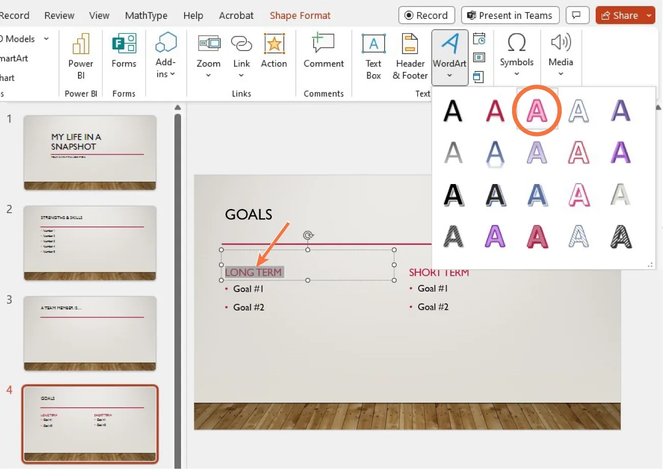 WordArt is selected from the Text command group and displays four rows of different styles of letters for selection. In the slide, a text box shows with the text inside highlighted.