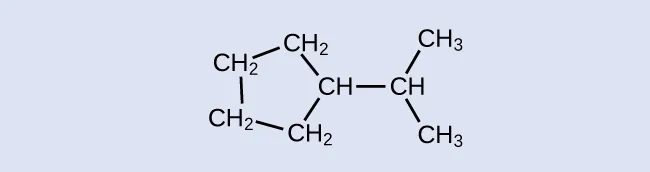 En esta figura se muestra un anillo compuesto por cuatro grupos C H subíndice 2 y un grupo C H de forma pentagonal. Desde el grupo C H, que está en el lado derecho del pentágono, se enlaza un C H. A partir de este C H, un grupo C H subíndice 3 se enlaza por encima y a la derecha y un segundo se enlaza por debajo y a la derecha.
