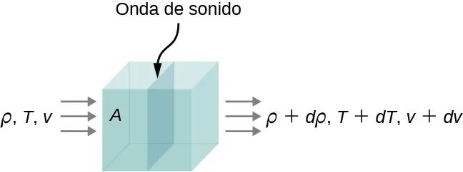 La imagen es un dibujo esquemático de una onda sonora moviéndose a través de un volumen de fluido. La densidad, la temperatura y la velocidad del fluido cambian de un lado a otro.