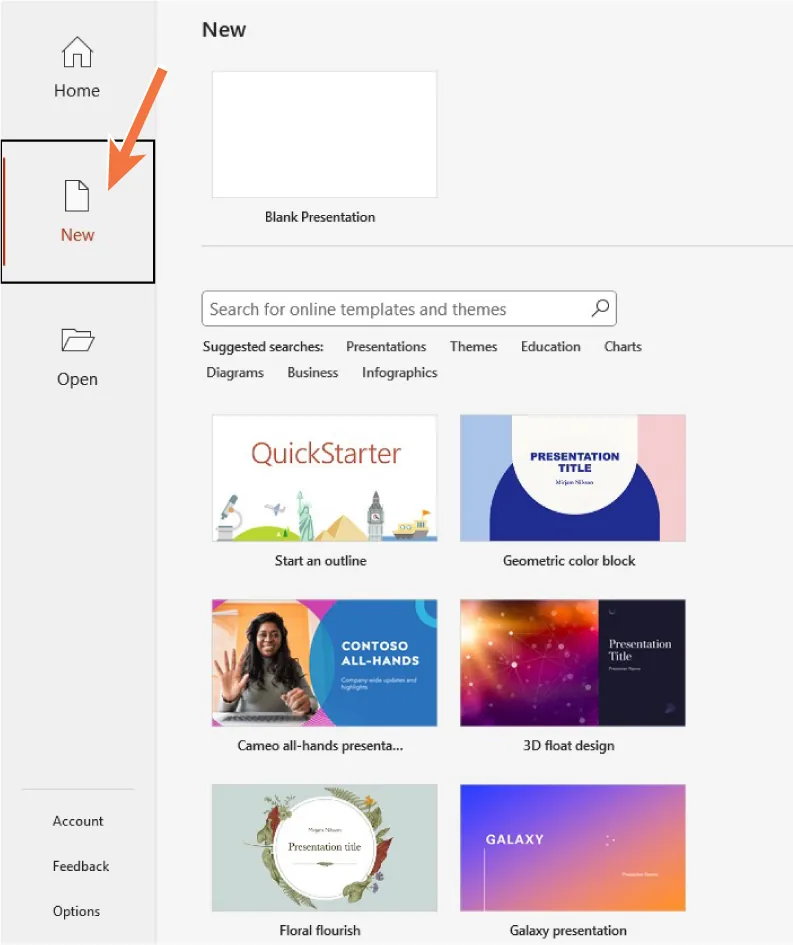 A screenshot of a PowerPoint menu with an arrow pointing to New. On the right, Blank Presentation and a display of six thumbnails of different themes are available for selection as well as a search bar and Suggested searches.