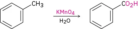 In water, toluene reacts with potassium permanganate to form benzoic acid.