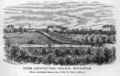 An engraving shows the grounds of Kansas State University. A label reads “State Agricultural College, Manhattan.”