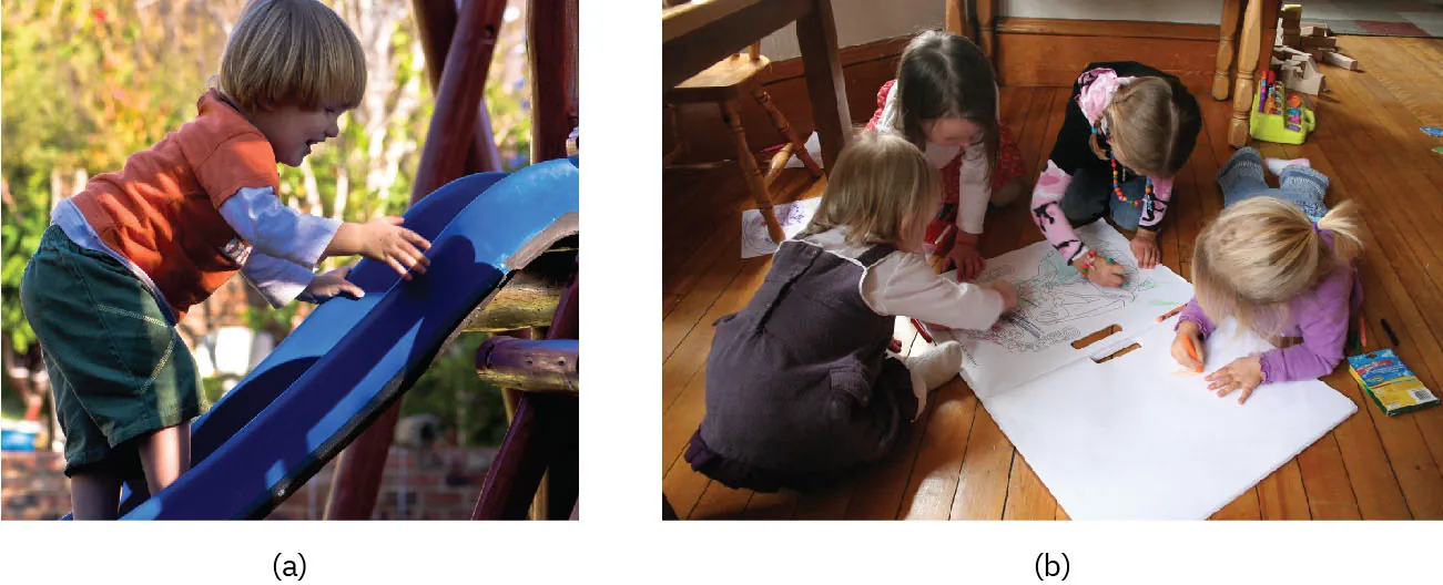 (a) Photo of toddler laughing, climbing up a slide. (b) Photo of four young children drawing on a white piece of paper on the floor.