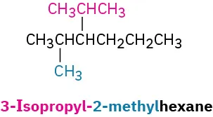 The molecular structure of 3-isopropyl-2-methylhexane is represented. It presents a six-carbon chain.
