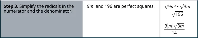 The third step is to simplify the radicals in the numerator and the denominator. 9 m squared and 196 are perfect squares. We rewrite the expression as the quantity square root of quantity 9 m squared in parentheses times square root of the quantity 3 m in parentheses in parentheses divided by square root of 196. The simplified version is the quantity 3 absolute value m times square root of the quantity 3 m in parentheses in parentheses divided by 14.