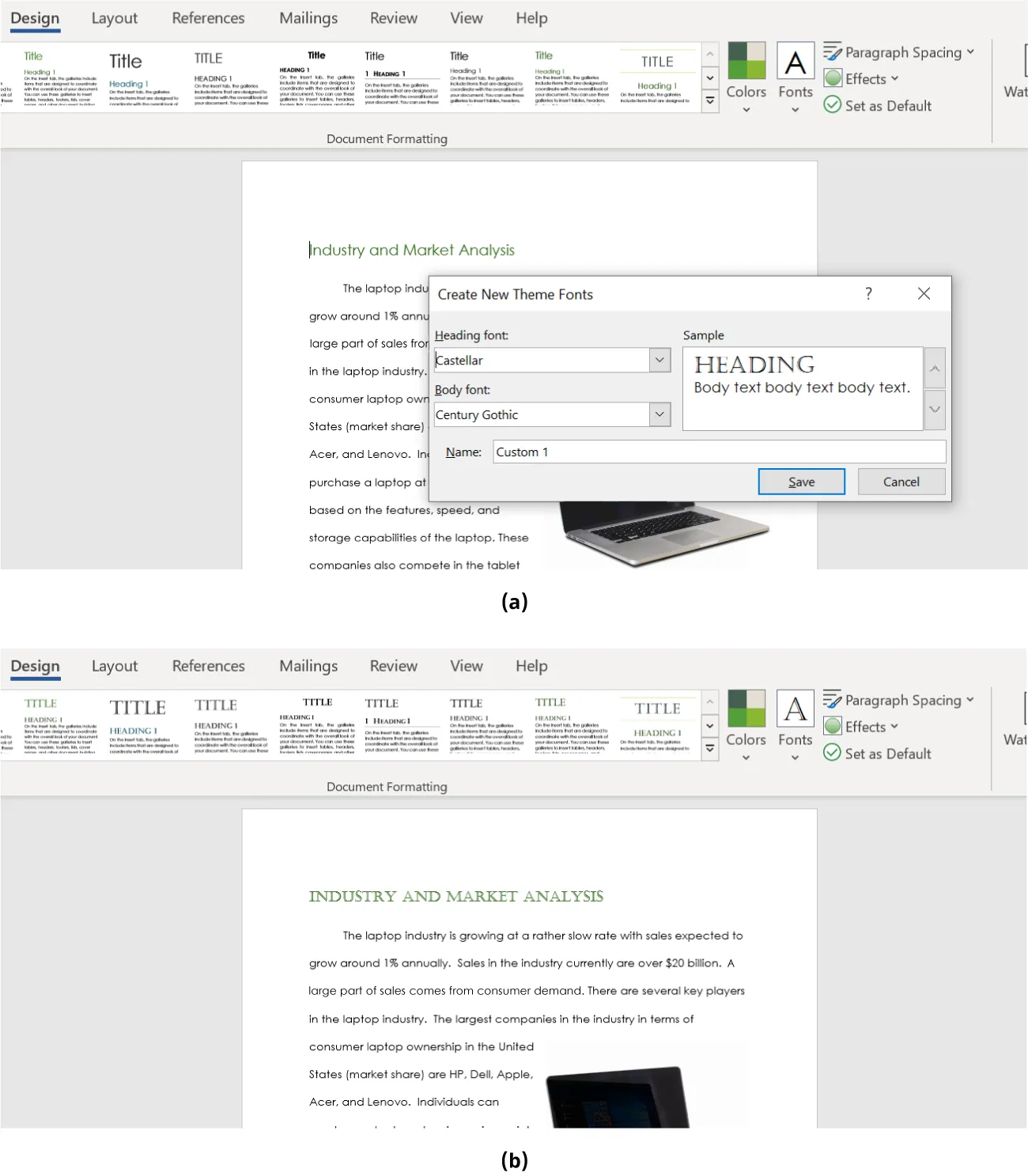 (a) Create New Theme Fonts pane options: Heading font, Body font, Sample (with preview of font choice), Name. (b) Document displays text in Castellar font with the same green hues for heading.