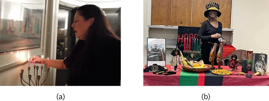 Image a shows an individual lighting a menorah. Image b shows an individual standing behind a table decorated with items from Kawanzaa.