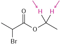 Chemical structure of ethyl 2-bromopropionate. Two arrows point toward the highlighted hydrogens on ethyl carbon adjacent to oxygen.