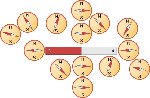 The diagram shows a bar magnet with the red North end on the left and the white South end on the right. There are fifteen compass needles placed around the magnet. For those that are near the North end of the magnet, the white south needle points to the red North end of the magnet. For those compasses that are near the south end, the red north needle points to the white south end of the magnet. For the four compasses that are lined up exactly half way between the north and south ends of the magnet, the needle is parallel to the bar with the red north end pointing toward the white south end of the magnet.