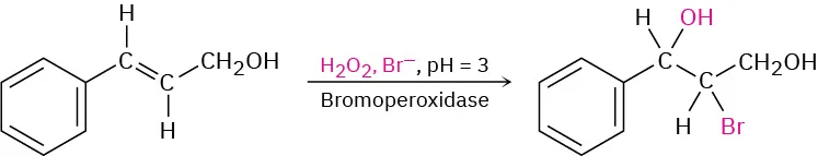 A reaction shows a phenyl allylic alcohol reacting with hydrogen peroxide, bromide ion at pH 3 in the presence of bromoperoxidase to form a halohydrin.