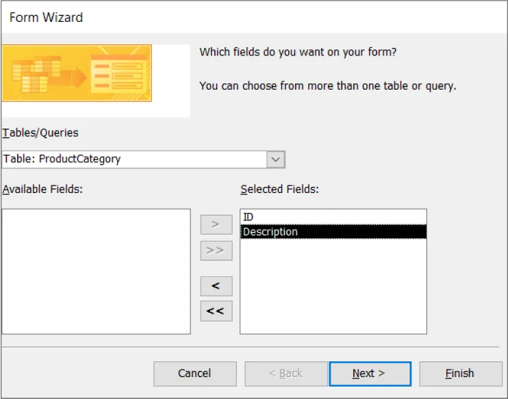 Form Wizard asks: Which fields do you want on your form? Table/Queries displays Table: ProductCategory. Available Fields (blank) and Selected Fields (Description) display right- and left-facing arrows between panes.