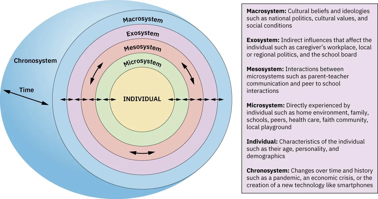 An image of circles within circles. All inner circles overlap with the outer circles. Individual (middle). Circles leading out: Microsystem, Mesosystem, Exosystem, Macrosystem Chronosystem. Arrows between individual and Microsystem, between Microsystem and Mesosystem, between Mesosystem and Exosystem, and between Exosystem and Macrosystem.