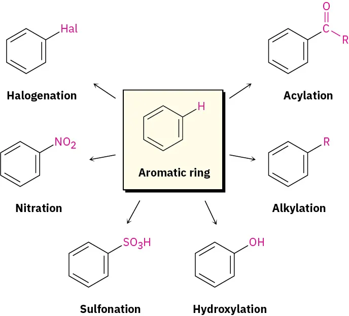 Aromatic ring undergoes acylation, alkylation, hydroxylation, sulfonation, nitration, and halogenation reactions to form respective products.