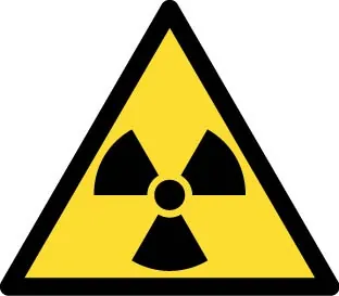 A yellow triangle with a black outline, enclosing a fan shaped structure is shown. The “fan” is black and has three blades.