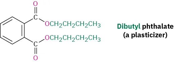 The structure of dibutyl phthalate shows a benzene ring with two carbonyl groups ortho to each other. The carbonyl groups are each attached to butoxy groups.