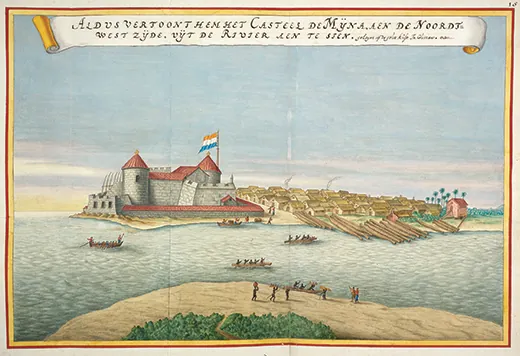 A painting shows Elmina Castle, which is flying the Dutch flag.