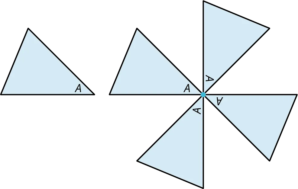 A triangle with one of its vertices labeled A. A pattern is made of connecting one of the vertices of four triangles. In each triangle, the connected vertices are labeled A.