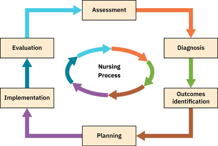 Chart of a nursing critical thinking process with arrows connecting steps, which include Assessment, Diagnosis, Outcomes Identification, Planning, Implementations, and Evaluation, that lead back to Assessment, and go around again.