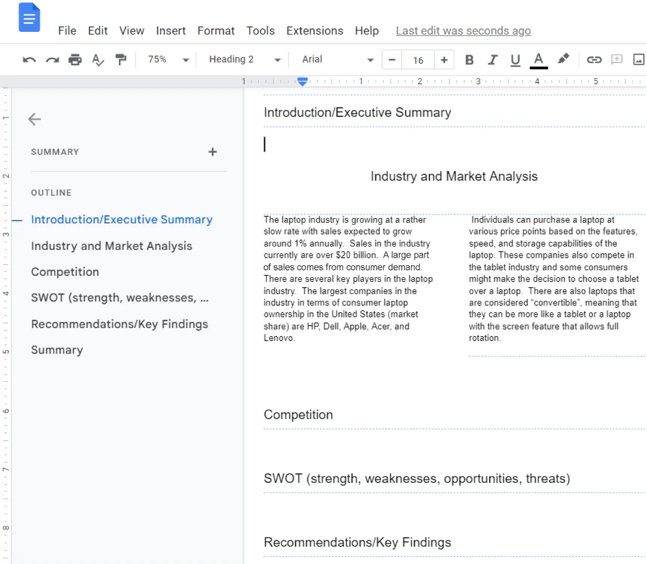 Summary pane is open, listing Summary and Outline. The first header is highlighted in blue font. In the document, blue dotted lines are seen below each header, indicating a section break.