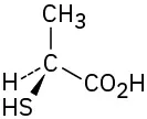 A central carbon is single bonded to a methyl and a carboxylic acid group, wedge bonded to a thiol group, and dash bonded to a hydrogen atom (clockwise).