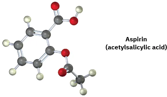 The ball and stick model of aspirin, also called acetylsalicylic acid where grey, black, and red spheres represent hydrogen, carbon, and oxygen, respectively.