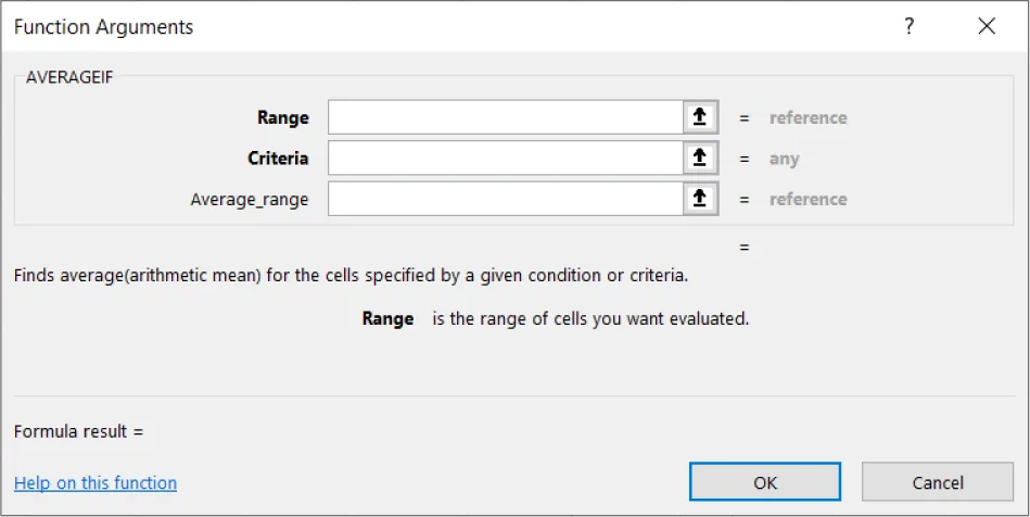 Function Arguments pane displays AVERAGEIF category options: Range, Criteria, Average Range. Finds average(arithmetic mean) for the cells specified by a given condition or criteria. reads below.
