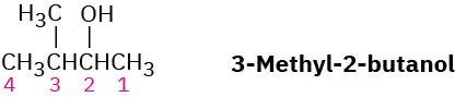 The structure of 2-methyl-2-butanol with main chain carbons numbered 1 through 4.