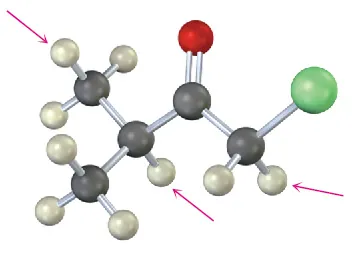 The ball-and-stick model has a 4-carbon chain. C 1 is bonded to chlorine atom. C 2 is double bonded to oxygen atom. C 3 is bonded to methyl group.