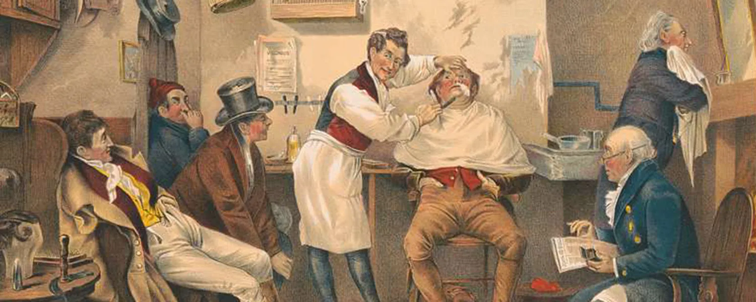 The photo shows a painting in which a barber is shaving the beard of a man in the salon while other customers are waiting.