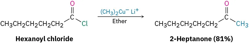 Hexanoyl chloride reacts with (C H 3) 2 C u anion and lithium cation in the presence of ether to form 2-heptanone (81 percent yield).