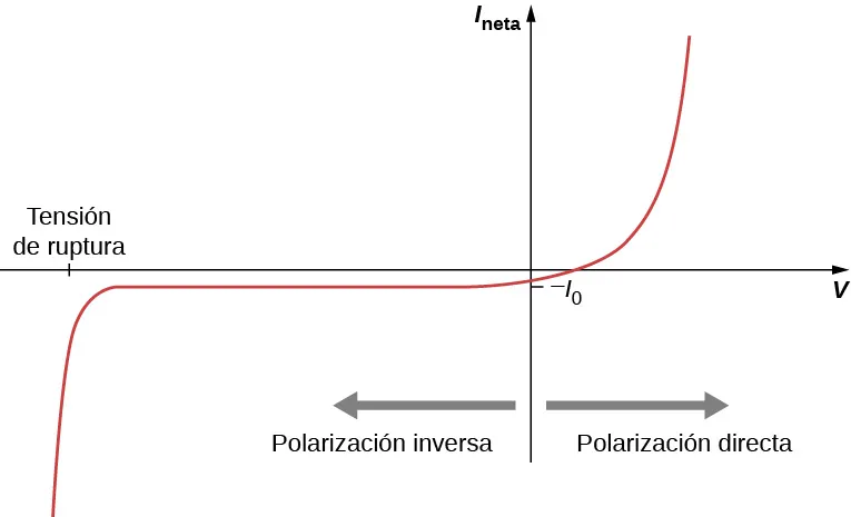 Gráfico de la I subíndice net en función de V. La flecha que apunta a la derecha del eje y está marcada como polarización directa. Una flecha que apunta a la izquierda desde el eje y está marcada como como polarización inversa. La curva sube y se dirige a la derecha en el primer cuadrante y luego se vuelve casi vertical en los valores más altos de x y y. Cruza el eje x positivo en el cuarto cuadrante y luego el eje y negativo en menos I subíndice 0. Se desplaza hacia la izquierda en una línea horizontal hasta un punto en el que gira bruscamente hacia abajo en lo que se convierte en una línea casi vertical. El valor x del punto de inflexión está marcado como tensión de ruptura.