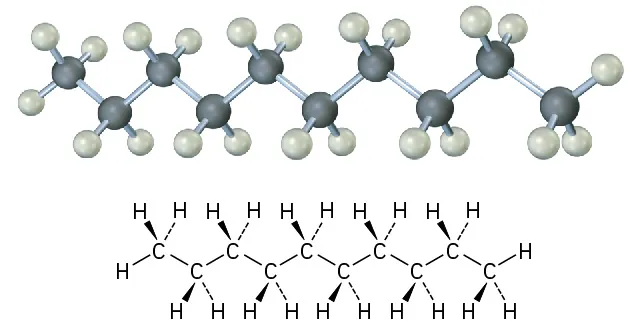The ball and stick model and molecular structure of the decane are represented.
