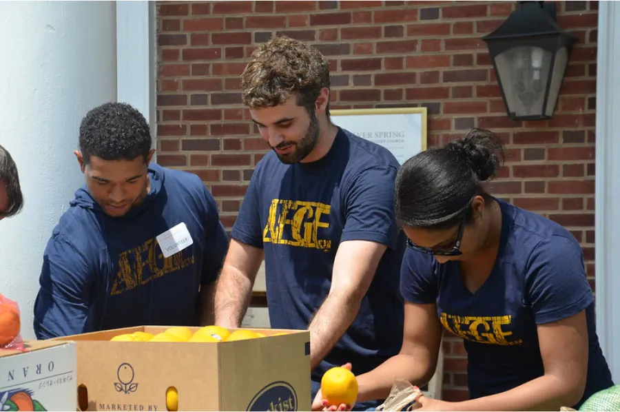 Photo of three individuals packing fruit in boxes.