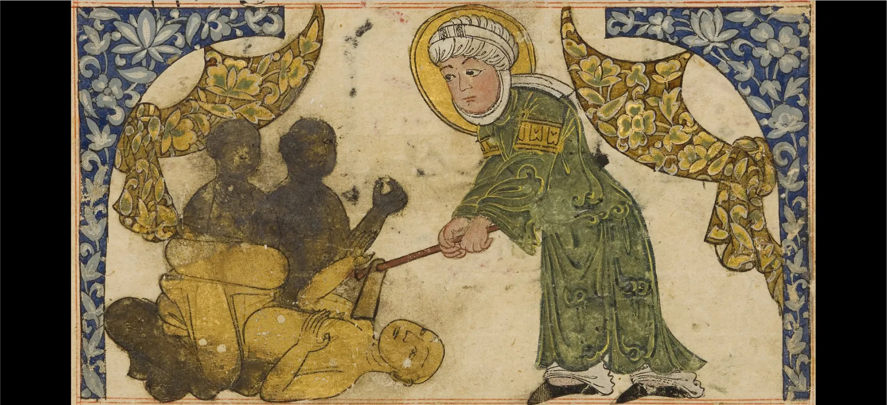 A colorful illustration shows a man hitting a statue with a hoe-type object. The pale man is dressed in a long, flowy green robe with curly designs on it, white pants underneath, black shoes, and a wrapped, white head dressing that wraps under his chin with a gold halo circling his head. He has oval, black eyes, no facial hair, and has gold trim at the top of his sleeves. He is holding a hoe with both hands and hitting a golden statue laying on the ground. The statue is a bald man in a loincloth sitting cross-legged with his hands bent at the elbows, palms up, and head tilted up. Behind the fallen statue, there are two more upright statues in similar form blacked out in the drawing as well as a piece of another blacked out statue under the fallen golden statue. On both upper corners and along both sides of the drawing there are blue arches decorated with white flowers and brown drapes hanging down with pale green flowers. The background is pale yellow with black smudges in various locations throughout the drawing.